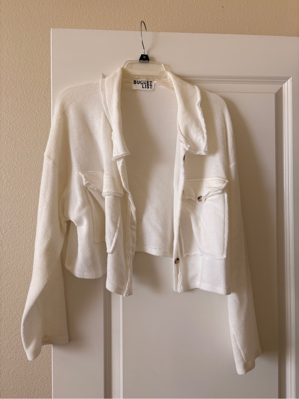 Bucket List White Raw Hem Snap Button Cardigan Jacket | Size L
